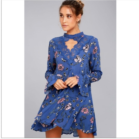 Lulus New You Royal Blue Floral Mini Dress With Lace Med - Picture 1 of 4